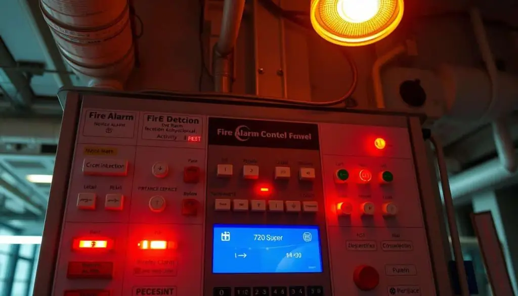 A close-up view of a fire alarm control panel with various buttons, switches, and indicators illuminated by warm, ambient lighting. The foreground features the main panel with clear labels and symbols for fire detection, alarm activation, and system controls. The middle ground showcases the surrounding infrastructure, including conduits, wiring, and mounting hardware, all in a clean, industrial aesthetic. The background suggests a commercial or institutional setting, with subtle hints of architectural details and a sense of urgency conveyed through the lighting and overall composition. A close-up view of a fire alarm control panel with various buttons, switches, and indicators illuminated by warm, ambient lighting. The foreground features the main panel with clear labels and symbols for fire detection, alarm activation, and system controls. The middle ground showcases the surrounding infrastructure, including conduits, wiring, and mounting hardware, all in a clean, industrial aesthetic. The background suggests a commercial or institutional setting, with subtle hints of architectural details and a sense of urgency conveyed through the lighting and overall composition.